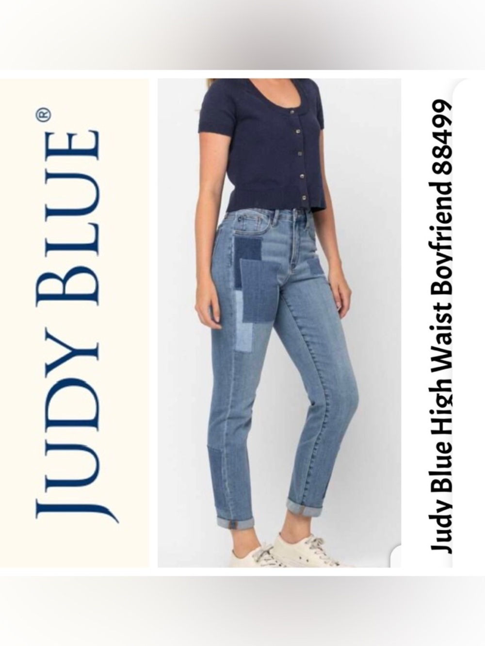 JUDY BLUE High Waist Double Rolled Cuffed Patch Boyfriend Jeans Size: 3/26